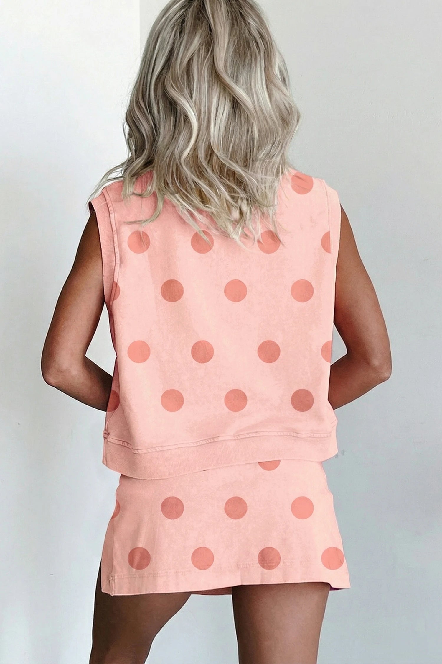 Pink Ribbed Trim Polka Dot Print Tank Split Mini Skort 2pcs Set
