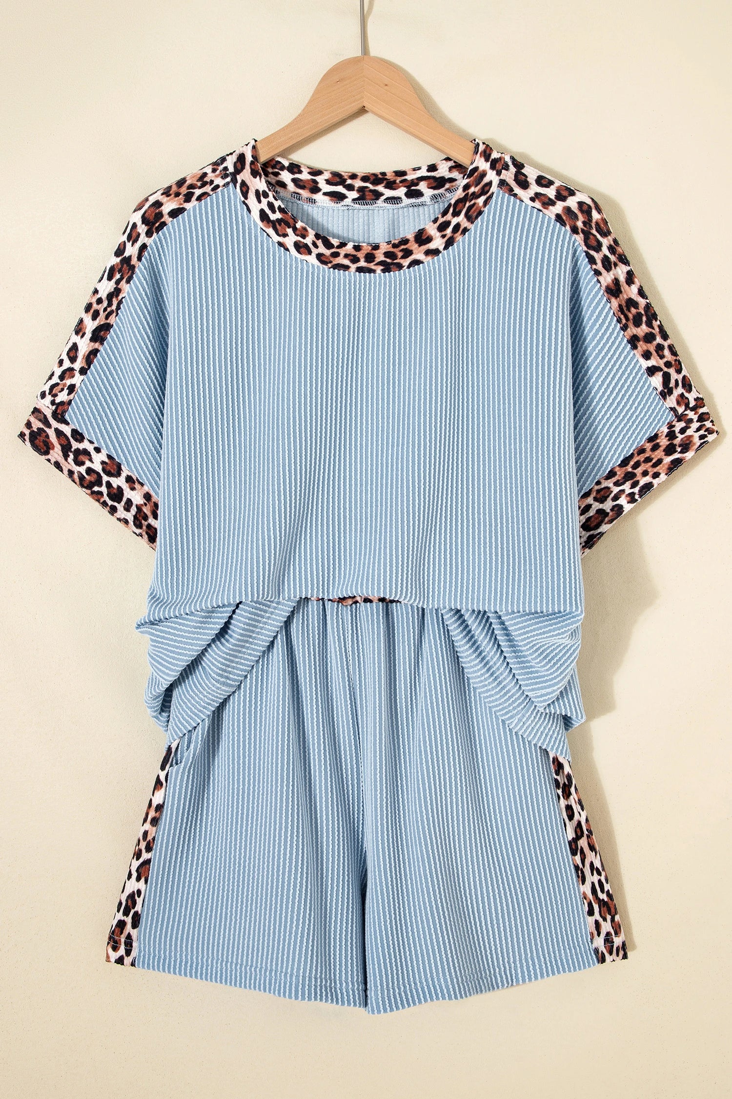 Sky Blue Leopard Trim Twist Ribbed Short Set