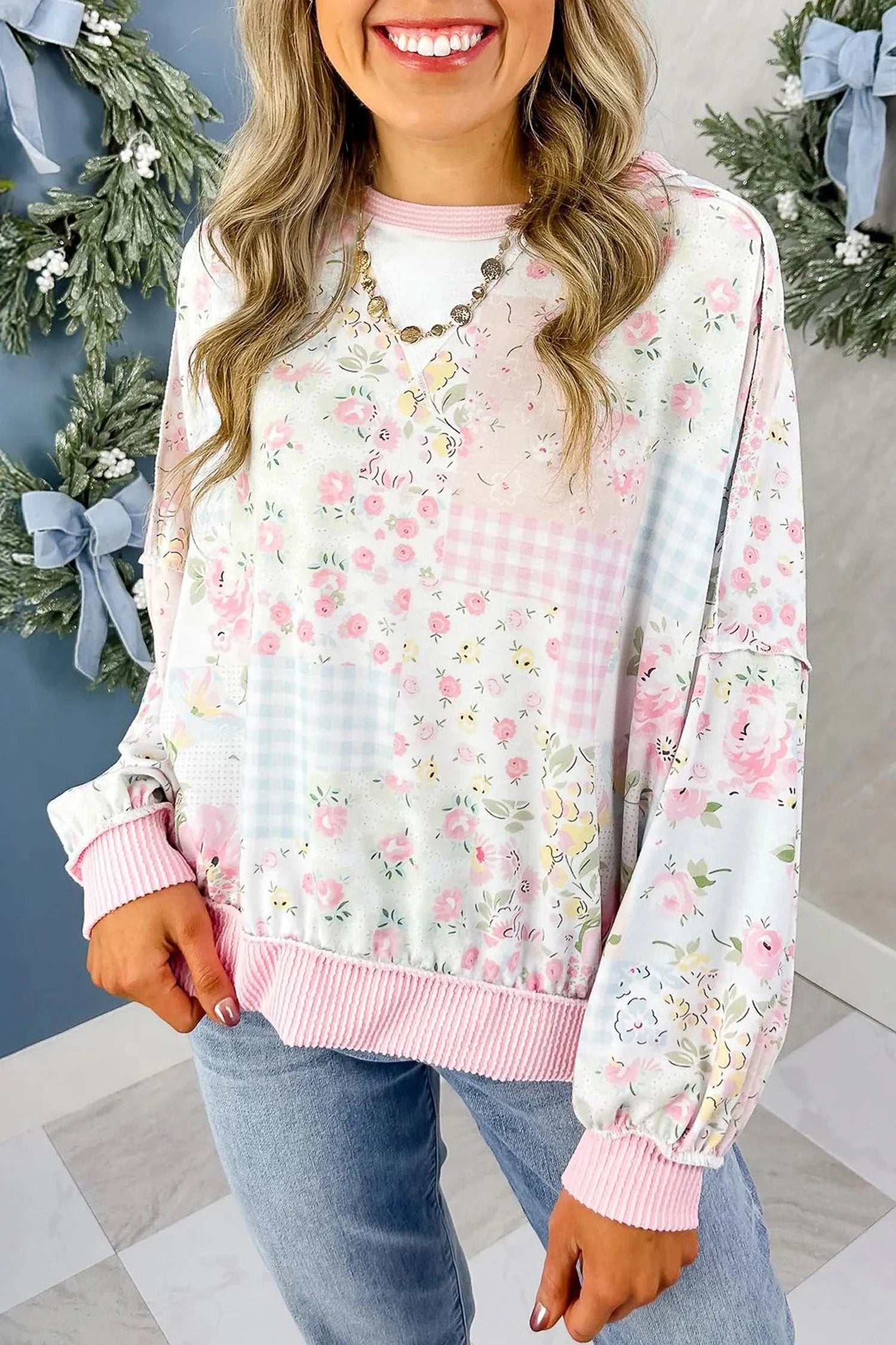 Pink Ribbed Patchwork Long Sleeve