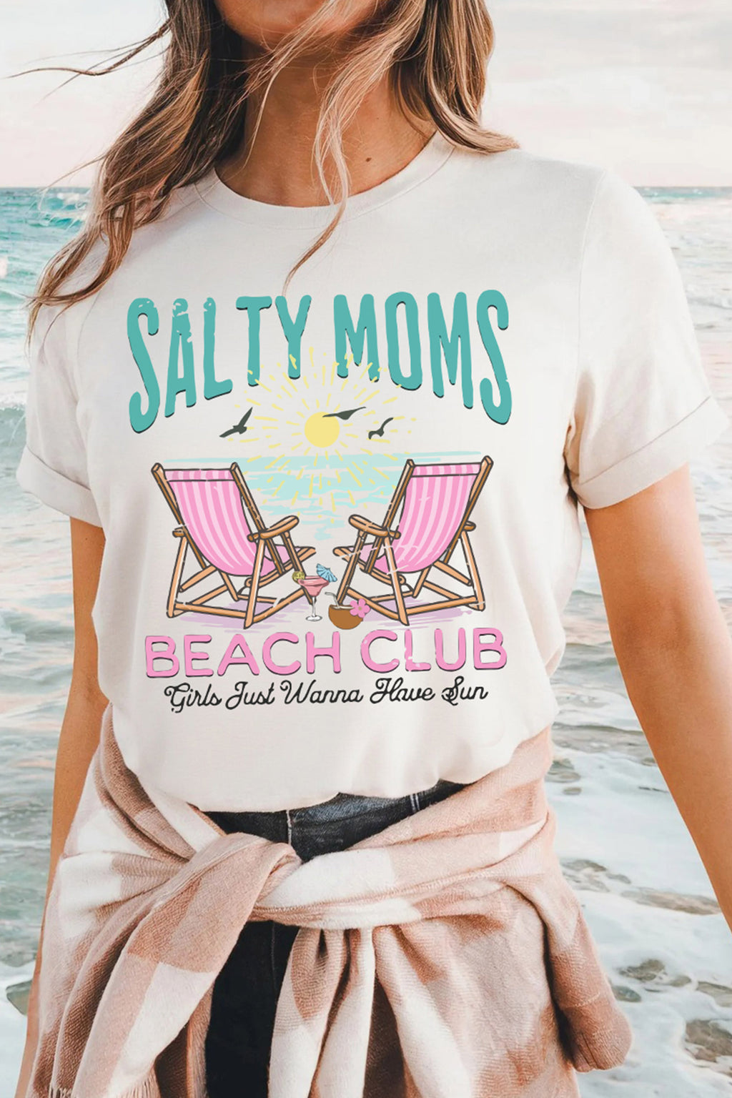 White "Salty Moms Beach Club" Short Sleeve Graphic Tee