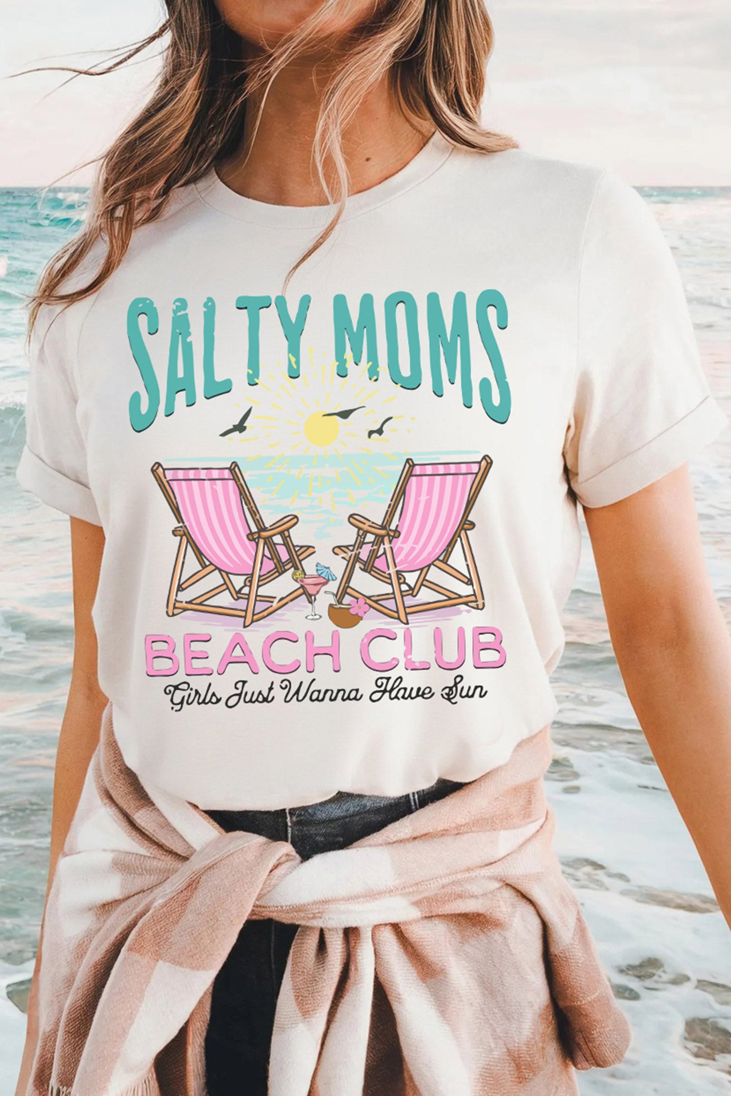White "Salty Moms Beach Club" Short Sleeve Graphic Tee