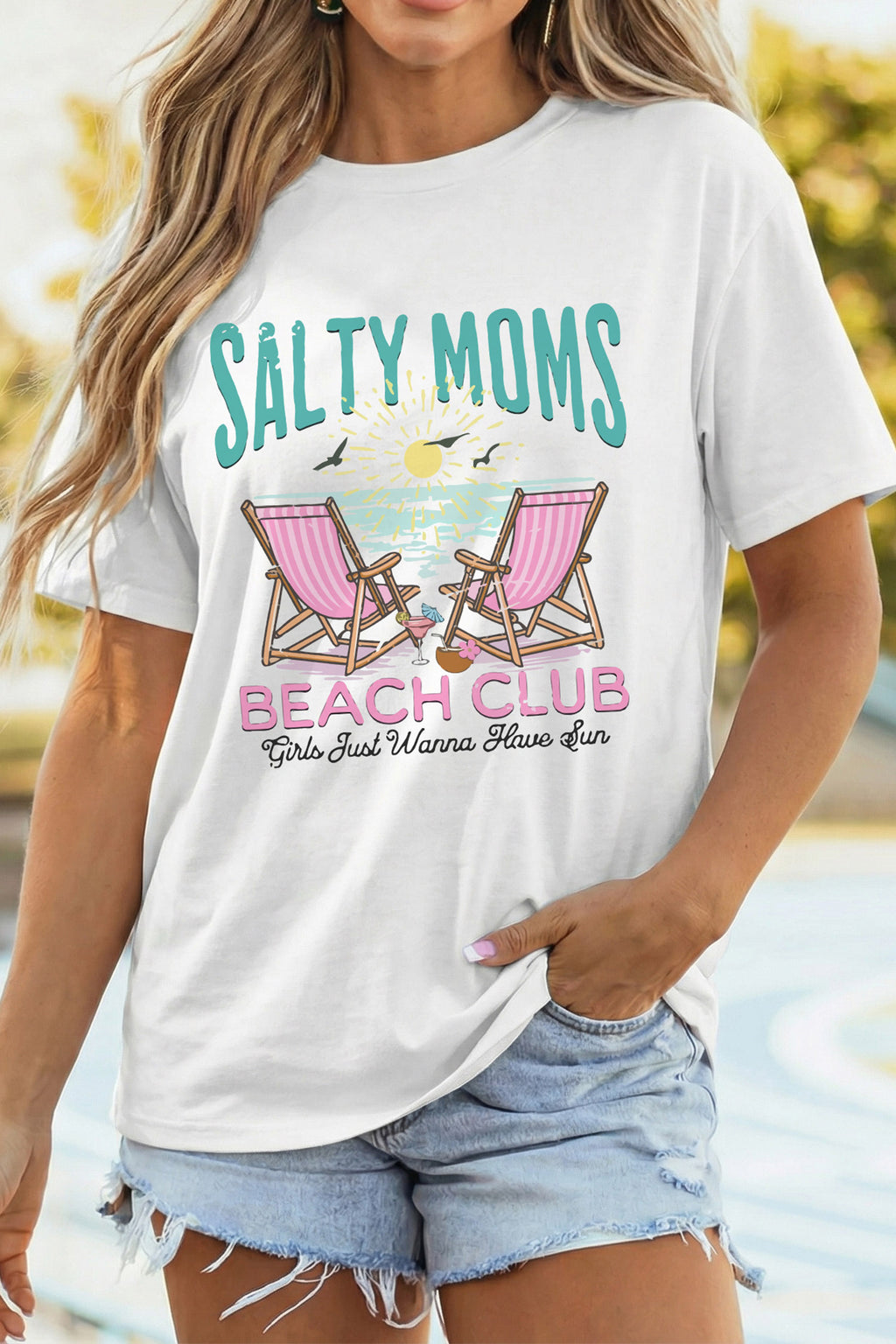 White "Salty Moms Beach Club" Short Sleeve Graphic Tee