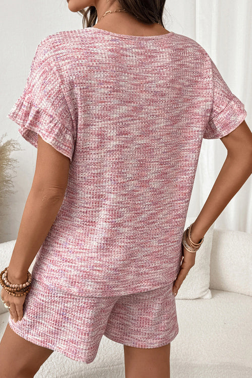 Heather Textured Ruffle Sleeve Top and Drawstring Shorts Set