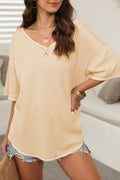 Exposed Seam Half Sleeve Knitted V Neck Textured Top